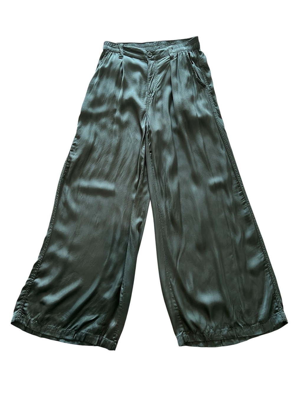 Aerie Wide Leg Satin Like Green Boho Office Minimalist Trouser Pants- S